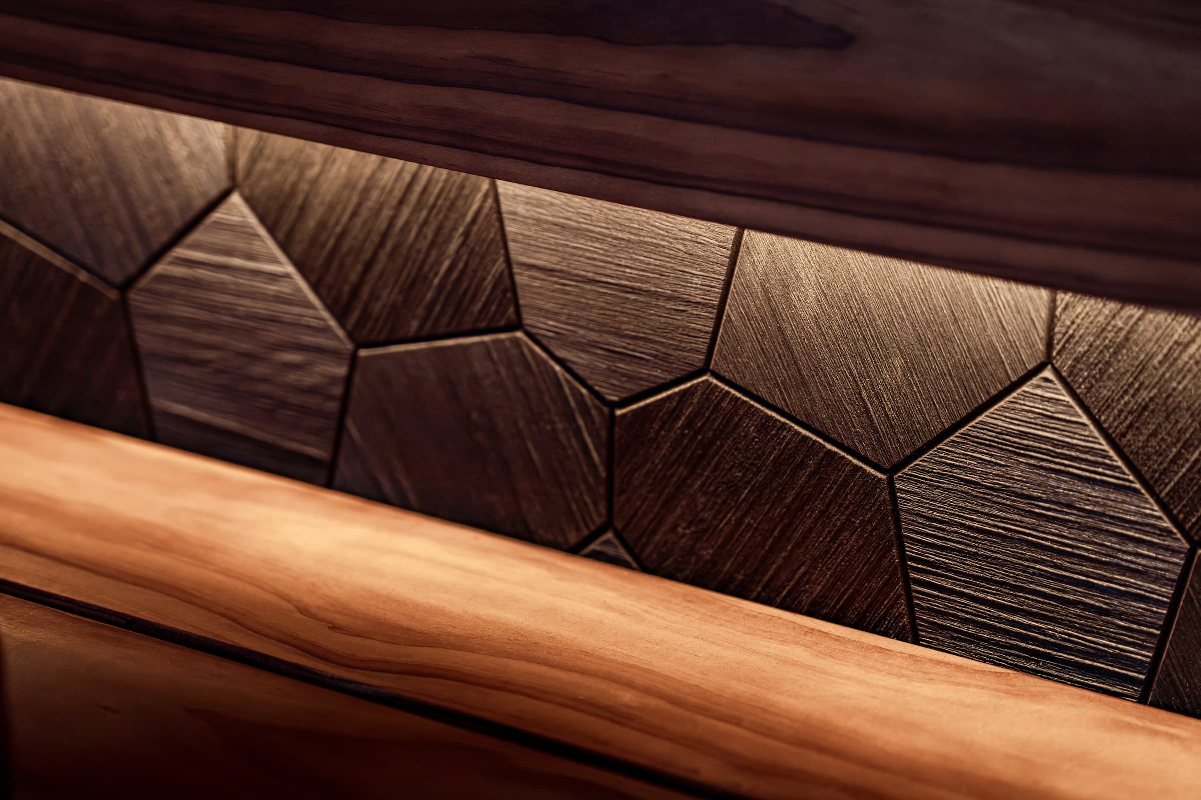 Architectural detail of a walnut pentagonal mosaic panel inset between a horizontal cherry-wood beam and a deep walnut surround, lit by warm low-key light